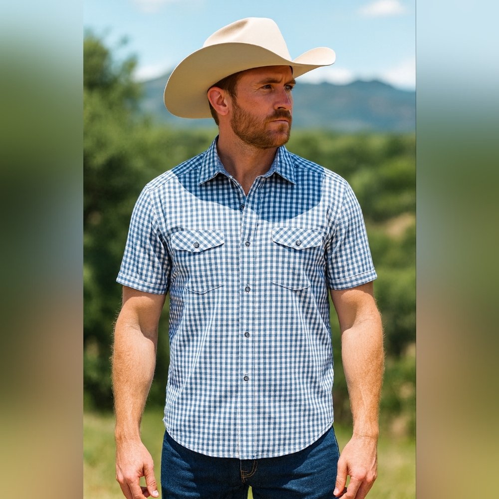 Johnston & Murphy Mens Blue Checkered Short Sleeve Shirt Business Casual Outdoor